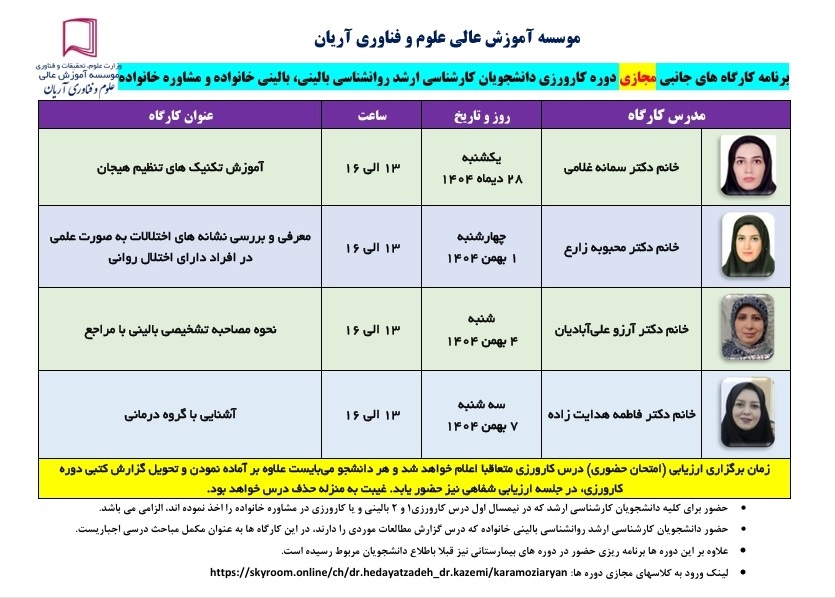 برنامه کارگاه های جانبی(مجازی)دوره کارورزی دانشجویان کارشناسی ارشد روانشناسی بالینی،بالینی خانواده و عمومی