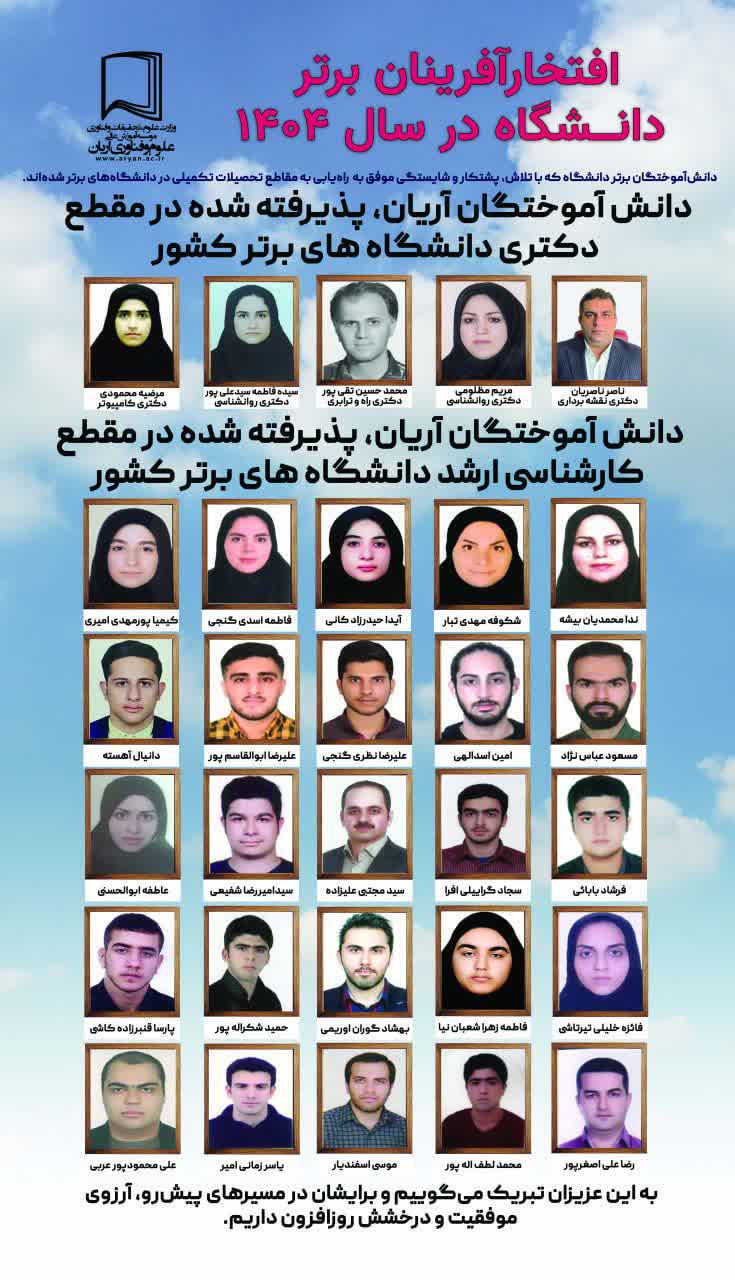 دانش‌آموختگان برتر دانشگاه علوم وفناوری آریان  که موفق به راه‌یابی به مقاطع تحصیلات تکمیلی در دانشگاه‌های برتر شده‌اند.